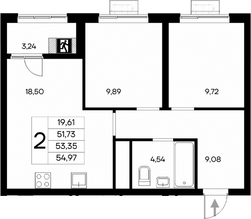 2-комн., 51.73 м²