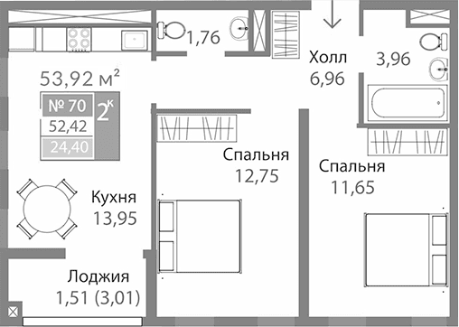 2-комн., 50.91 м²