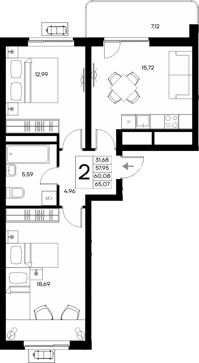 2-комн., 57.95 м²