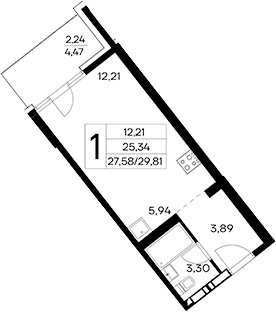 Студия, 27.57 м²