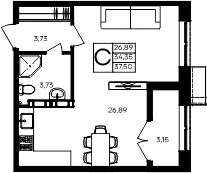 Студия, 34.35 м²