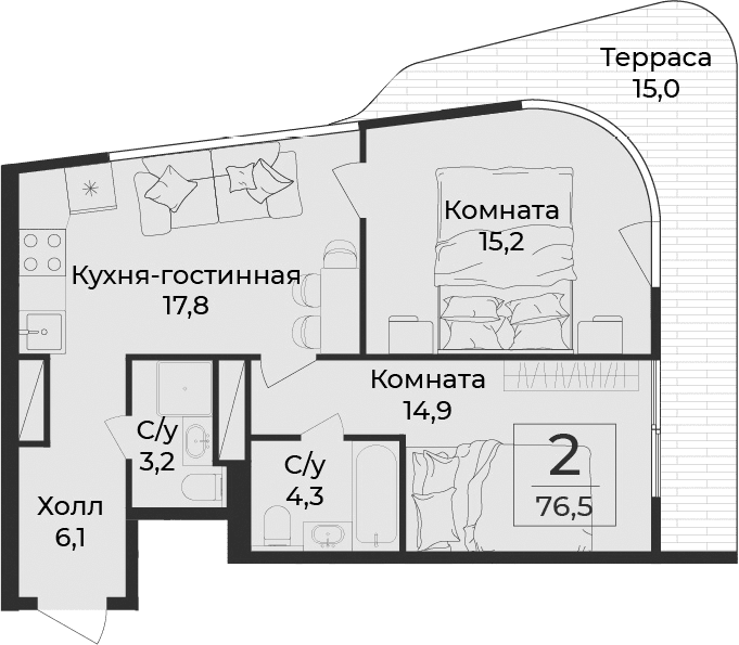 2-комн., 61.5 м²