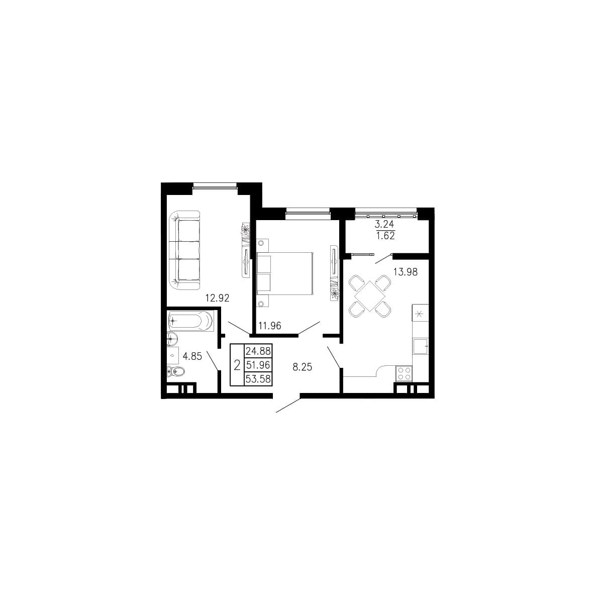 2-комн., 51.96 м²
