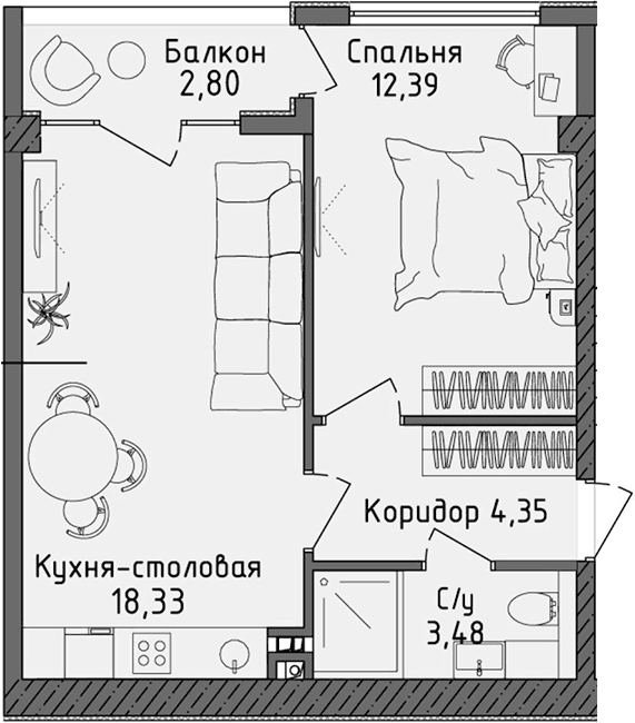 2-комн., 38.55 м²