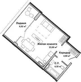 Студия, 33.48 м²