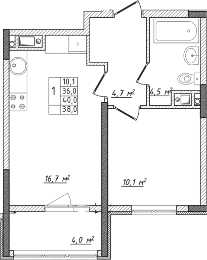 2-комн., 36 м²