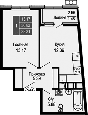 1-комн., 36.83 м²