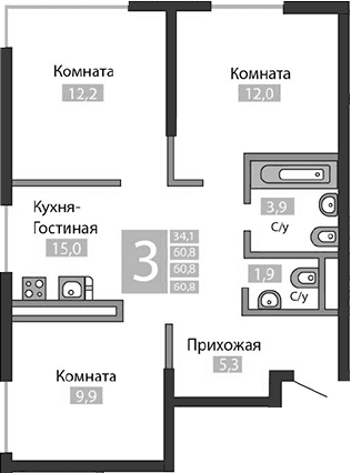 3-комн., 60.8 м²