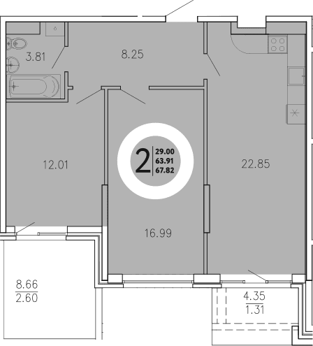 2-комн., 63.91 м²