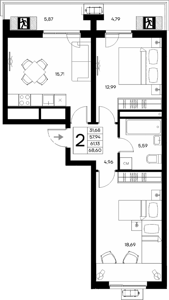 2-комн., 57.94 м²