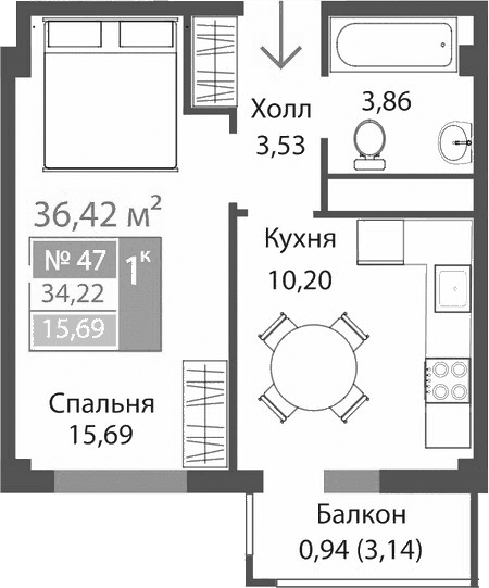 1-комн., 33.28 м²