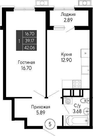 1-комн., 39.17 м²