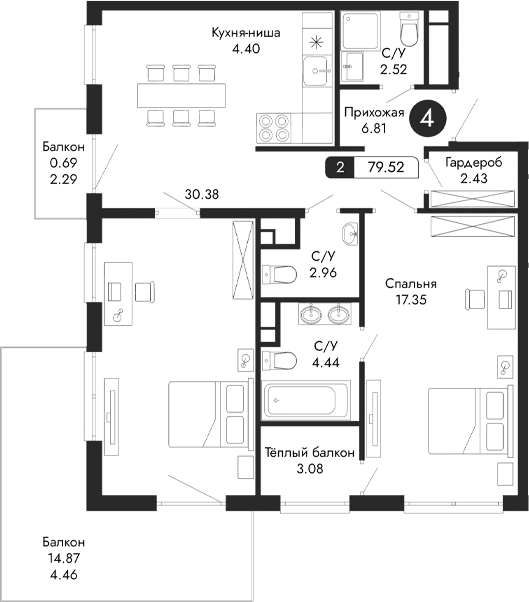 2-комн., 71.29 м²