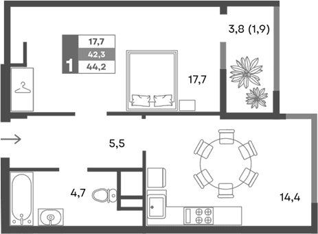 1-комн., 42.3 м²