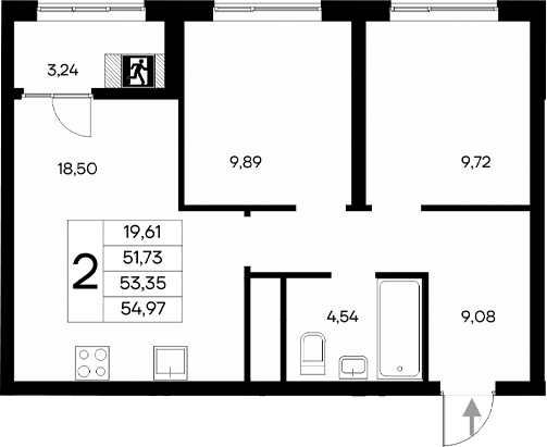 2-комн., 51.73 м²
