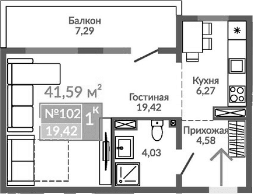 Студия, 34.3 м²