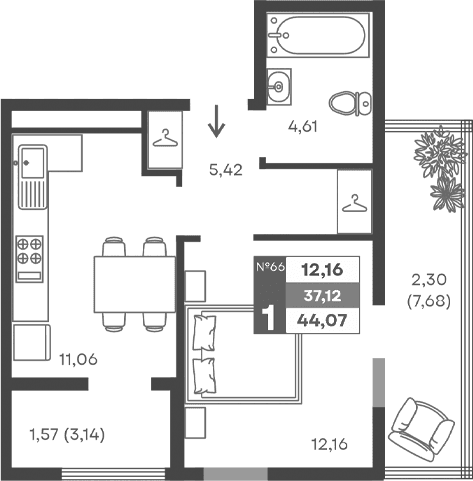 1-комн., 33.25 м²