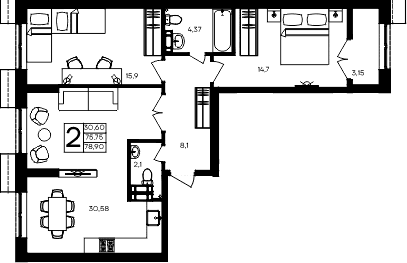 2-комн., 75.75 м²