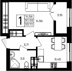1-комн., 30.55 м²