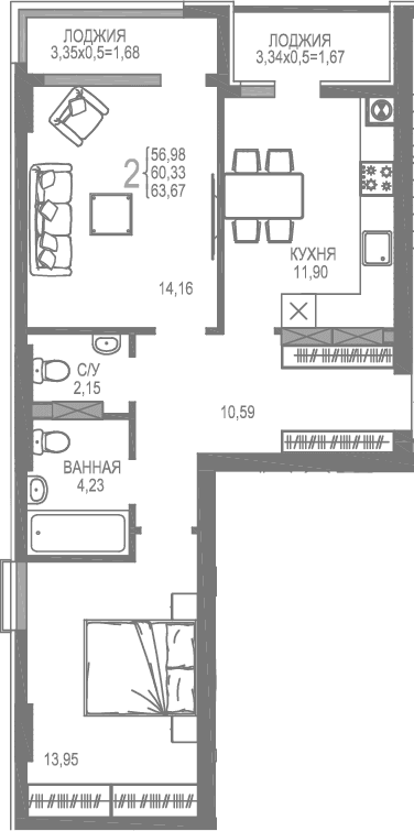2-комн., 56.98 м²