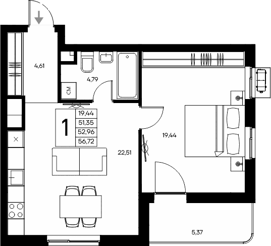 1-комн., 51.35 м²