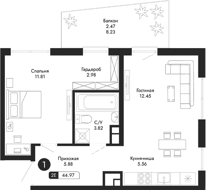 2-комн., 42.5 м²