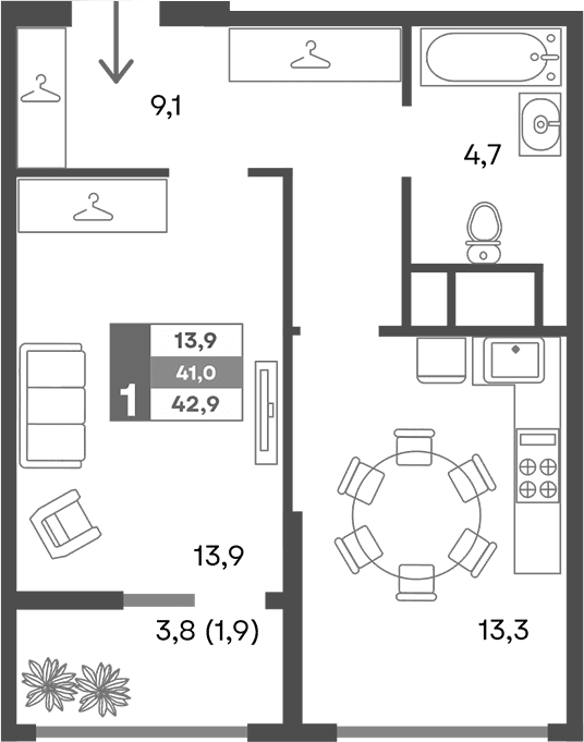 1-комн., 41 м²