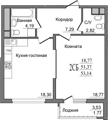 1-комн., 51.43 м²