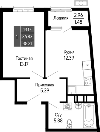 1-комн., 36.83 м²