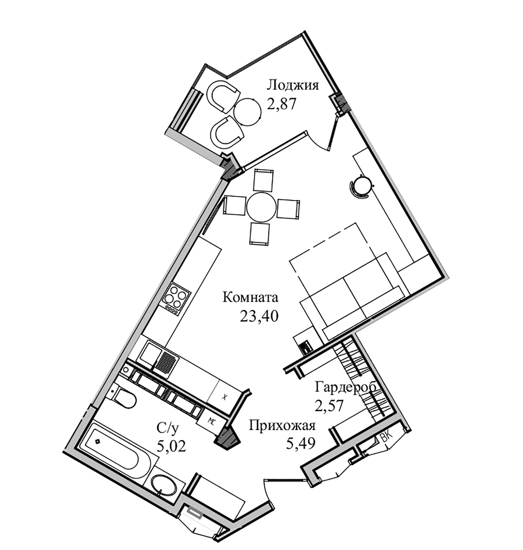 Студия, 39.13 м²
