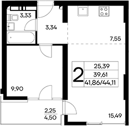 2-комн., 41.86 м²