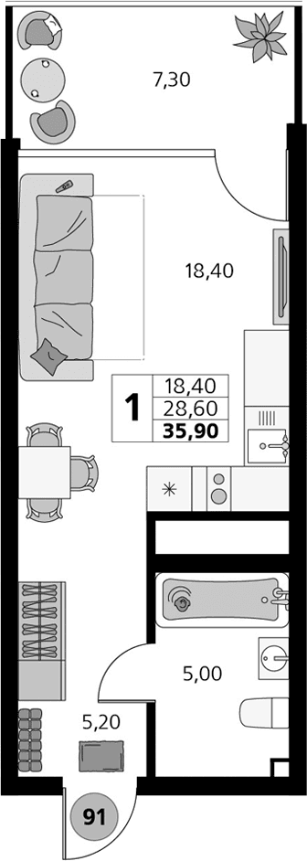 Студия, 28.6 м²