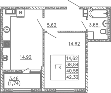 1-комн., 38.84 м²