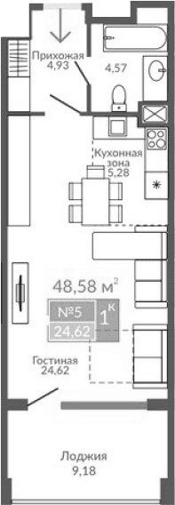 Студия, 39.4 м²