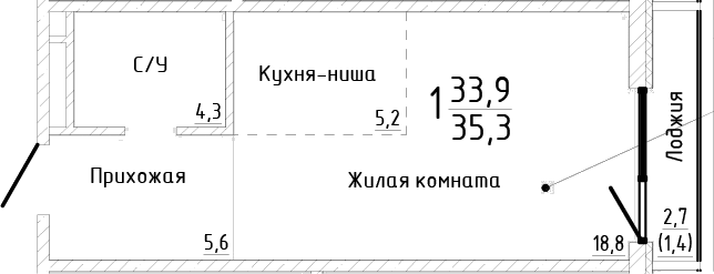 Студия, 33.9 м²