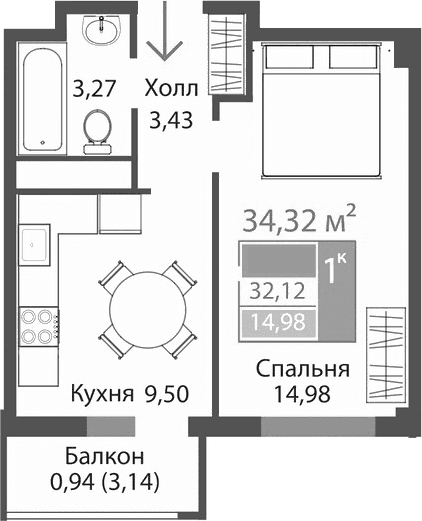 1-комн., 31.18 м²