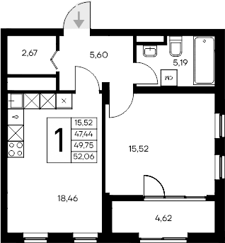 1-комн., 47.44 м²