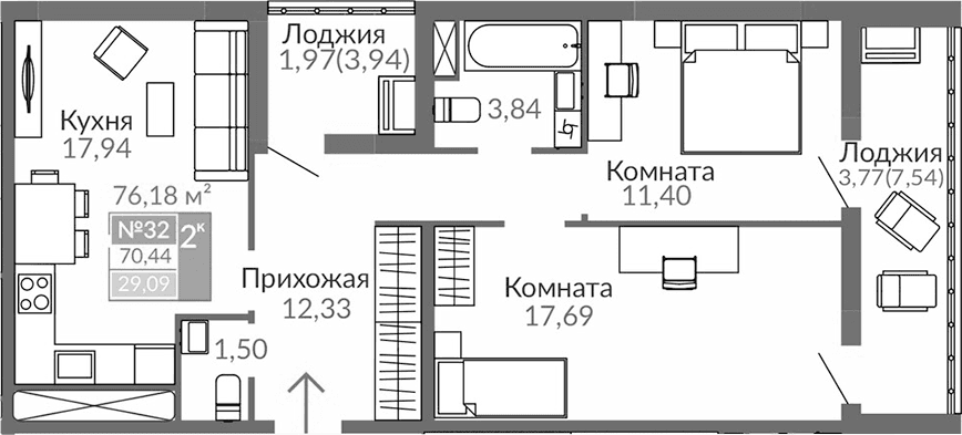 2-комн., 64.7 м²
