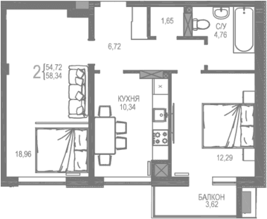 2-комн., 54.72 м²