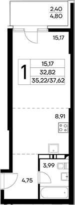 Студия, 35.22 м²