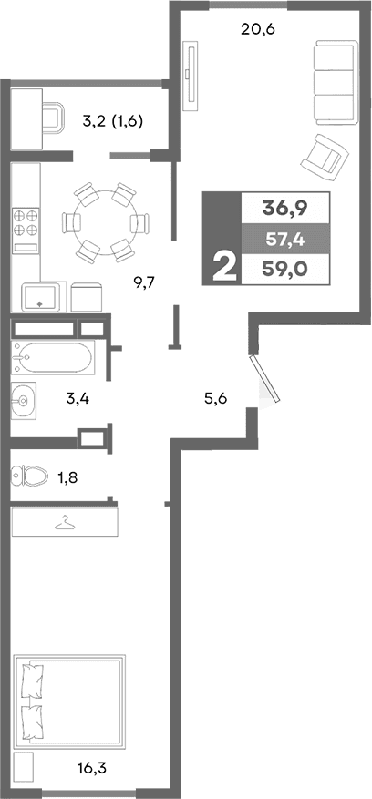 2-комн., 57.4 м²