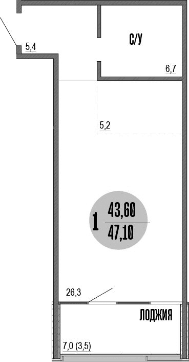 Студия, 43.9 м²