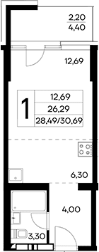 Студия, 28.49 м²