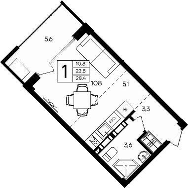 Студия, 22.8 м²