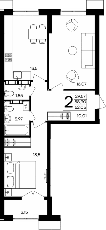2-комн., 58.9 м²