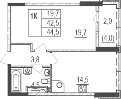 1-комн., 42.5 м²