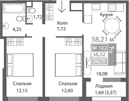 2-комн., 56.52 м²