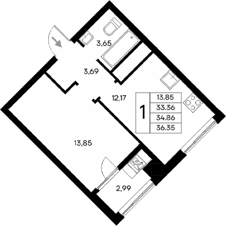 1-комн., 33.36 м²
