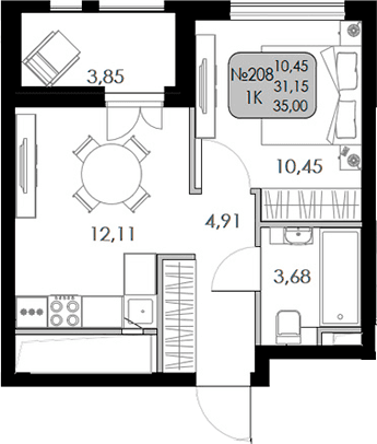 1-комн., 31.15 м²