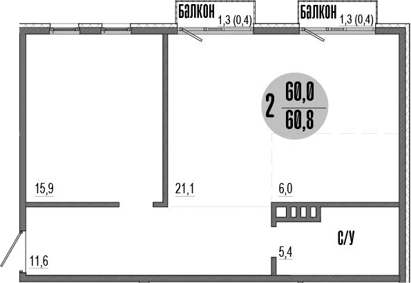 2-комн., 60 м²
